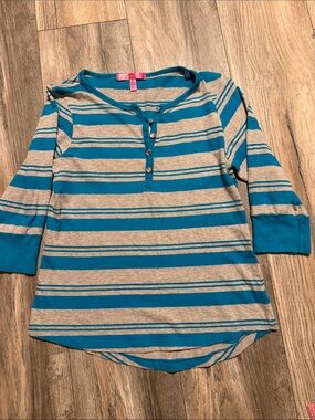 Girls' Striped Henley Top in Teal and Gray by